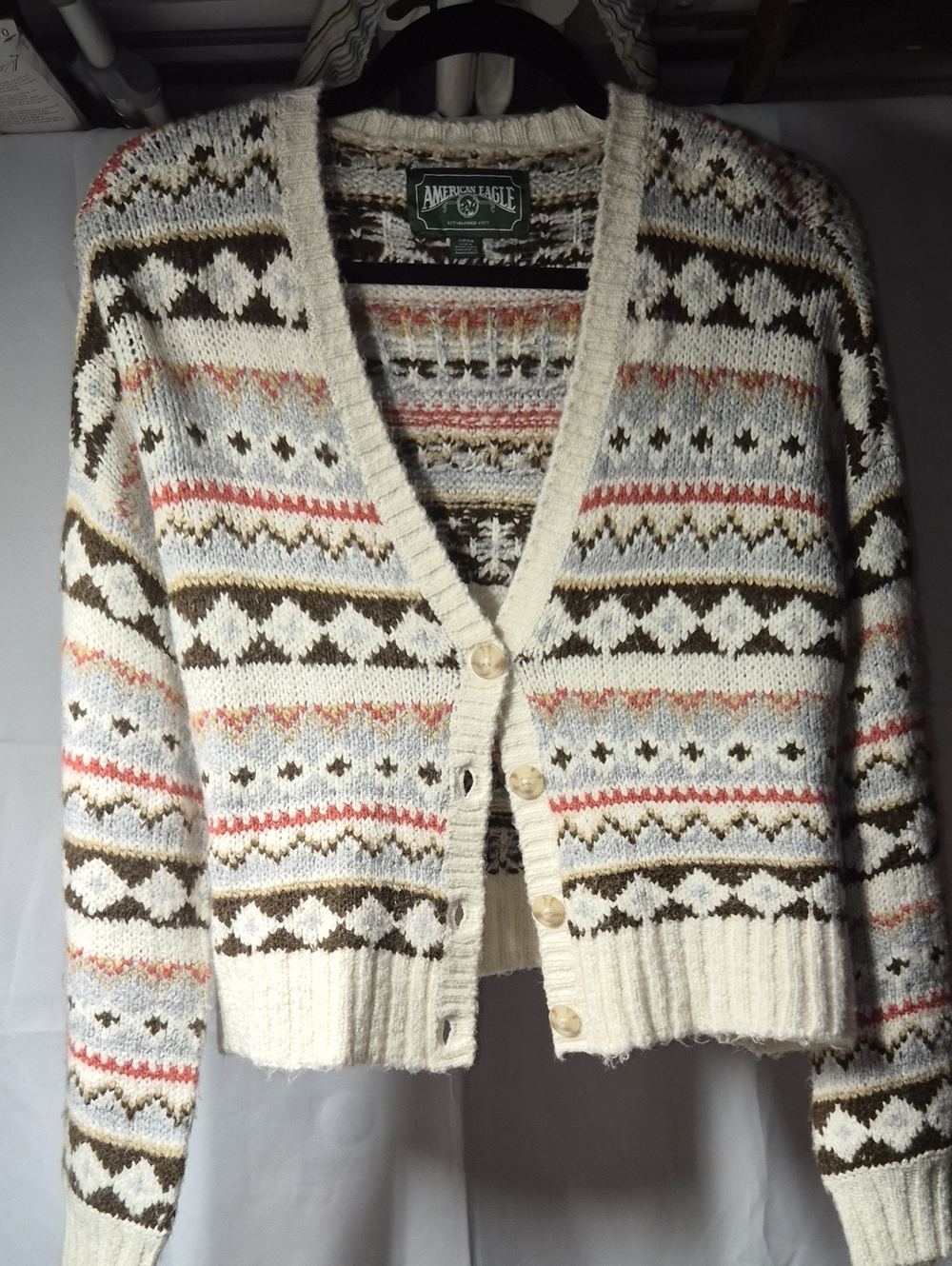 American Eagle Outfitters Cream Fair Isle V-Neck Button Cardigan Sweater
